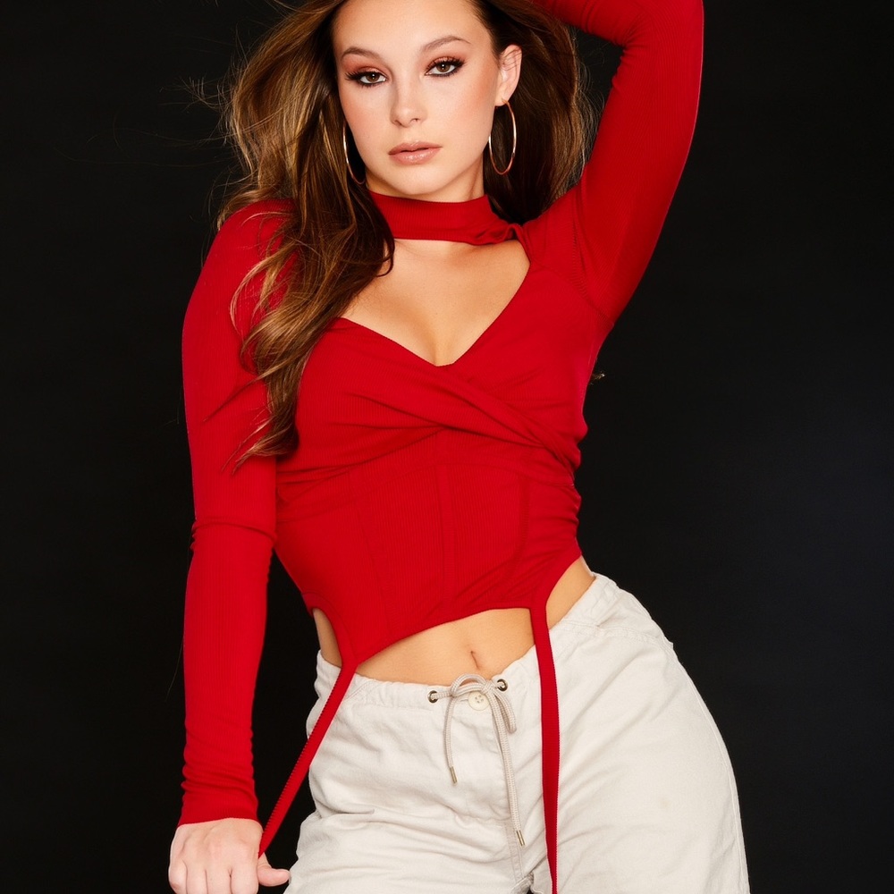 DollsKill Red Ribbed 2 Piece Cutout Long Sleeve Crop Top